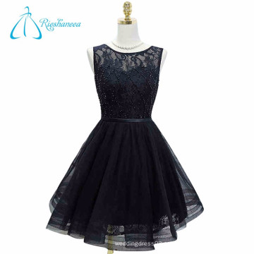 Cómodo A-Line Lace Perlas Sashes Negro Prom Dress